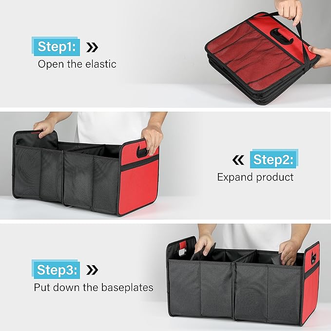 Simple Deluxe Car Trunk Organizer, 2 Compartments Collapsible Trunk Storage, Anti-slip Design, Made of Waterproof 600D Oxford Polyester, Suitable for SUV, Minivan, Standard Size, Red, 2 Pack