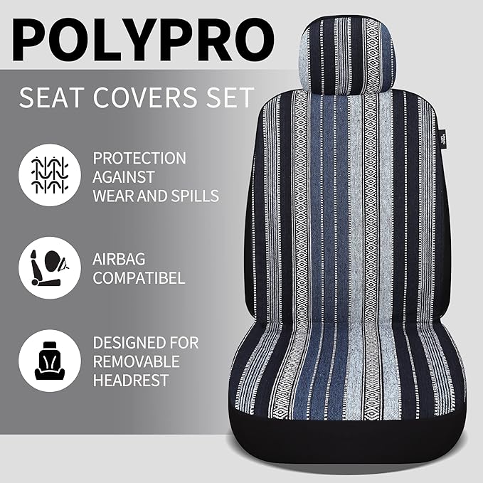 HAIYAOTIMES Baja Saddle Blanket Car Seat Covers Front Set with Seat Belt Pads, Washable Breathable Seat Covers for Cars, Universal Fit Interior Covers for Most Sedan Truck SUV, Airbag Compatible, Blue