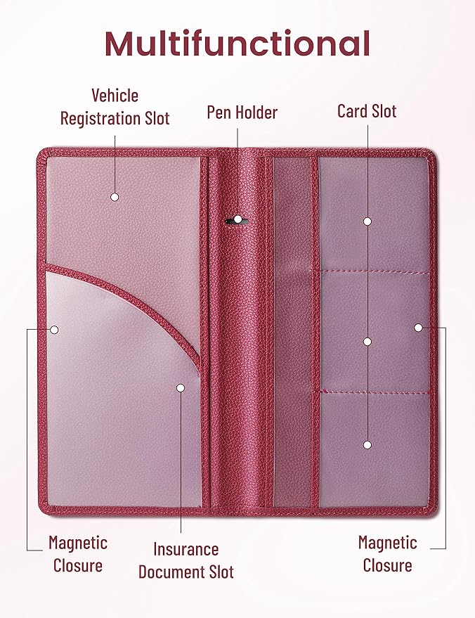 Yarnic Car Registration and Insurance Holder, Pu Leather Car Document Holder Registration and Insurance Card Holder Vehicle Glove Box Car Organizer with Magnetic Closure for Women Men (Wine Red)