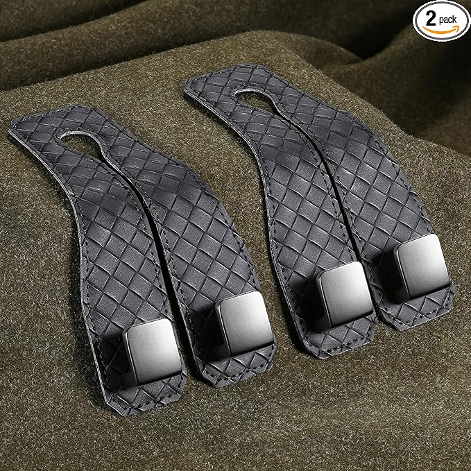 2 Pack Car Seat Headrest Hooks, Nappa Leather Car Back Seat Hangers for Purses and Bags, Woven Design with Double Dual Zinc Alloy Hooks for Car Organization and Storage(Black)