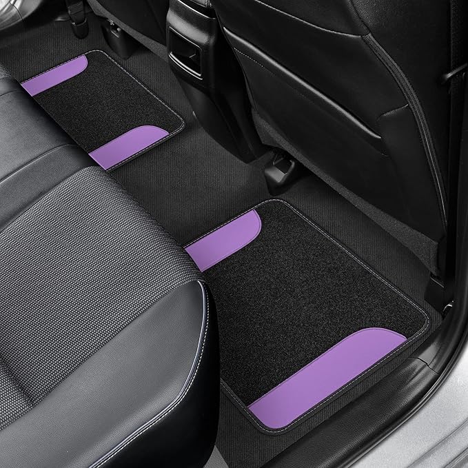 BDK Two-Tone Carpet Car Floor Mats with Faux Leather Accents, Automotive Floor Mat Set with Built-in Heel Pad, Stylish Interior Car Accessories (Purple)