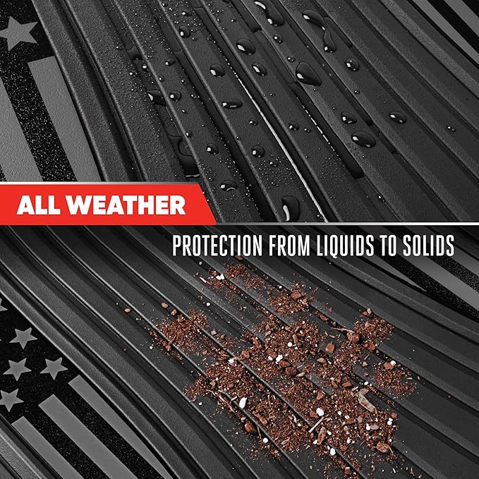 MotorTrend Black Flag Rubber Floor Mats – All Weather Car Mats with American Flag Stars & Stripes Design, Heavy-Duty Automotive Floor Mats for Cars, SUVs & Trucks Black/Grey