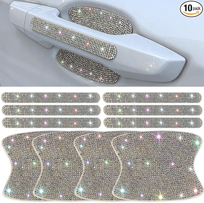 10 pcs Bling Diamond Car Door Handle Stickers, Bling Car Accessories for Women, Universal Rhinestone Crystal Glitter Door Handle Protector Stickers and Decals, Scratch Safety Reflective (Colorful)