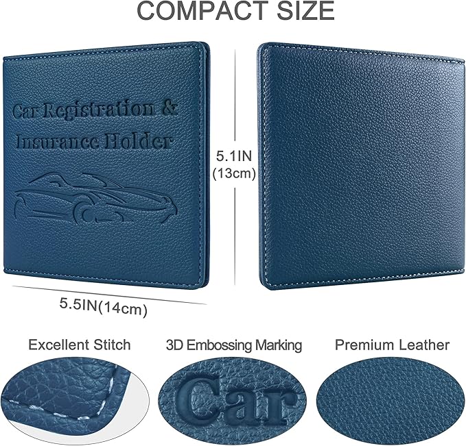 New Fashion Kingdom Car Registration and Insurance Holder, Premium PU Leather Vehicle Glove Box Car Organizer Men Women Wallet Accessories Case for ID, Driver's License - Blue