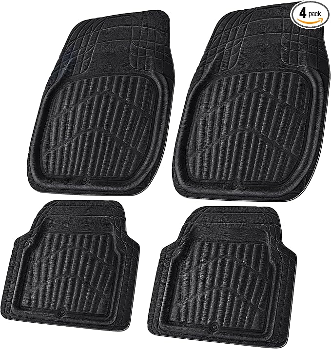 CAR PASS Leather Car Floor Mats -3D Waterproof All Weather Season, Universal Trim to Fit & Anti-Slip Burr Bottom Safety & Light Easy Clean Install for SUV Truck Auto & Durable Luxury (Black)