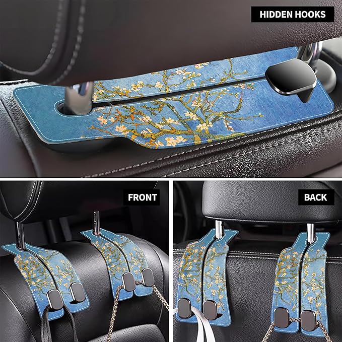 AEWNUNK 1 Pack Car Seat Headrest Hooks for Purses Abstract Blossoming Almond Tree Bag Purse Holder for Car with Double Metal Hooks Car Purse Hanger Hanging Accessories