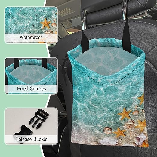 NHNXHWIA Starfish and Seashells Car Garbage Bag,Summer Ocean Waterproof Small Car Trash Bag Hanging Back of Seat,Drawstring Hanging Car Trash Bag with Adjustable Buckle for Car Accessories