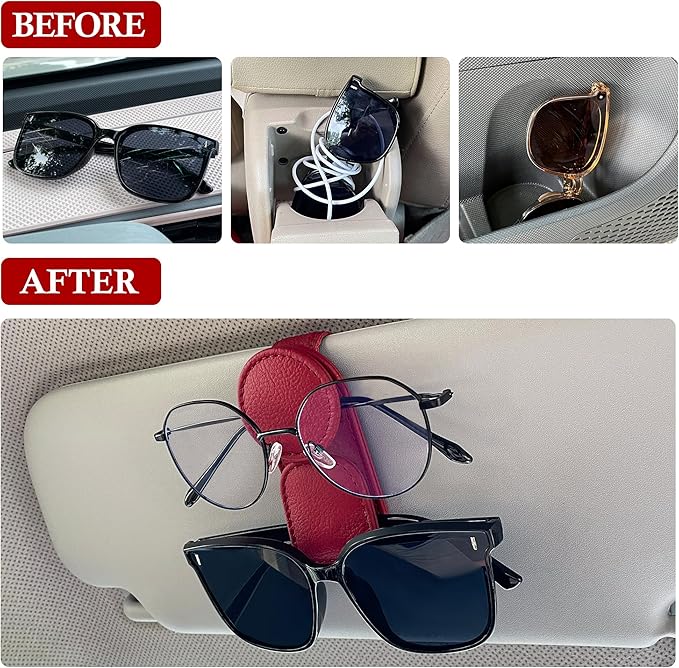 KIWEN Sunglasses Holder for Car Visor, Magnetic Leather Sunglass Eyeglass Hanger Clip for Car Sun Visor Accessories (1, Red)