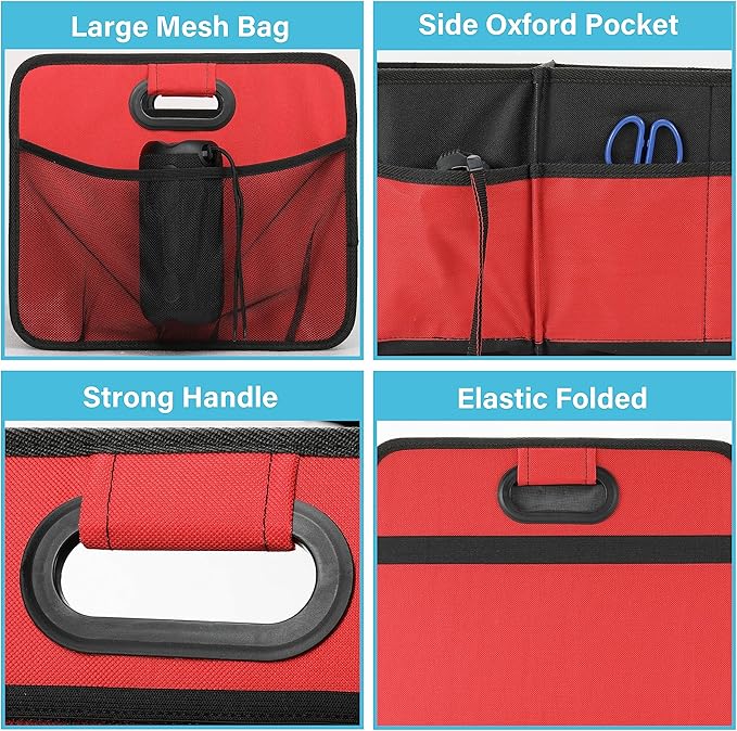Simple Deluxe Car Trunk Organizer, 2 Compartments Collapsible Trunk Storage, Anti-slip Design, Made of Waterproof 600D Oxford Polyester, Suitable for SUV, Minivan, Standard Size, Red, 2 Pack