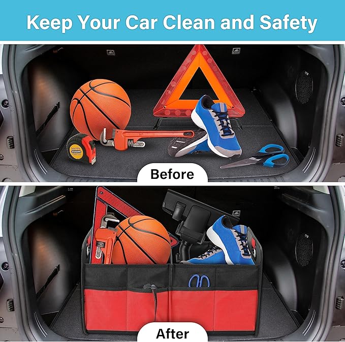 Simple Deluxe Trunk Organizer for Car/SUV/Truck, Collapsible 2 Compartment Automotive Storage Box, 600D Waterproof Oxford Polyester 50L Travel Accessories, Anti-slip & Leak-proof, Red New
