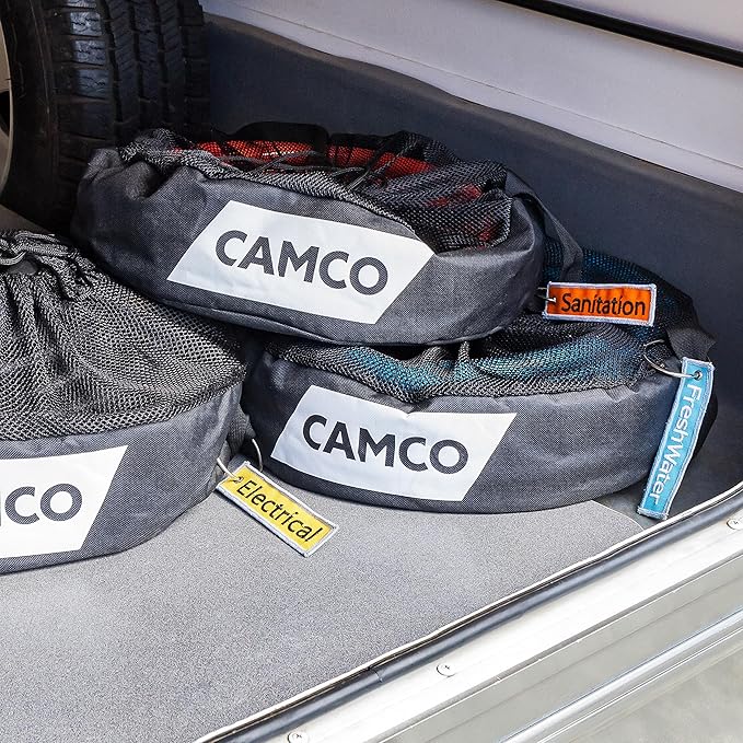 Camco Camper & RV Equipment Storage Bag - Features Lined Interior w/Breathable Mesh Top & Barrel Lock Clasp - Includes 3 ID Tags for RV Storage and Organization - 16” in Diameter x 10” Deep (53097)