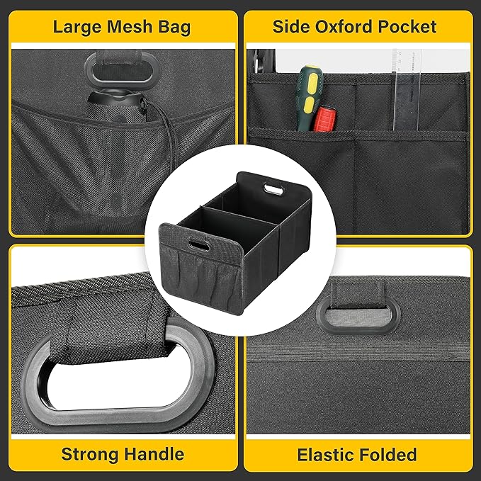 YSSOA Car Trunk Organizer, Collapsible 2 Compartment Non Slip Bottom, Waterproof Car Storage Box, 600D Oxford Polyester Sturdy Accessories for SUV, Mini-Van, 50L, Black