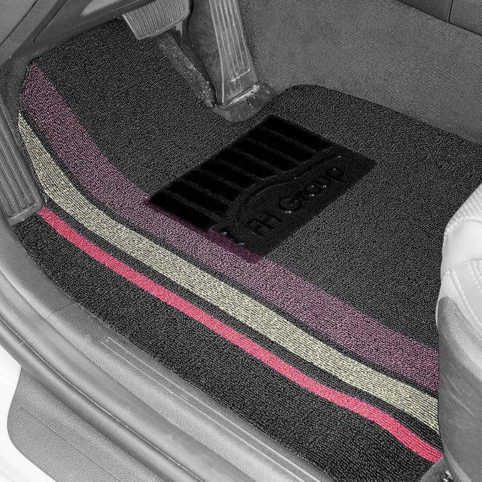 FH Group Car Floor Mats - All Weather Full Set of Black with Stripes Rubber Floor Mats for Cars, Ultra DIY Waterproof, Trimmable Automotive Floor Mats for Sedan, Van, Truck and SUVs