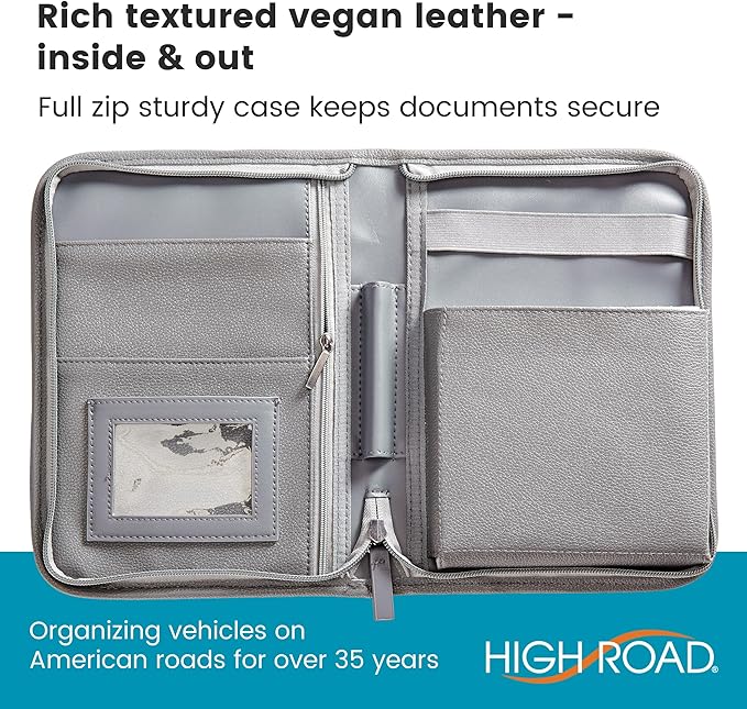 High Road Car Owners Manual Case and Glove Compartment Document Holder - Pebbled Faux Leather Glove Box Organizer for Car, SUV, Truck (Gray)