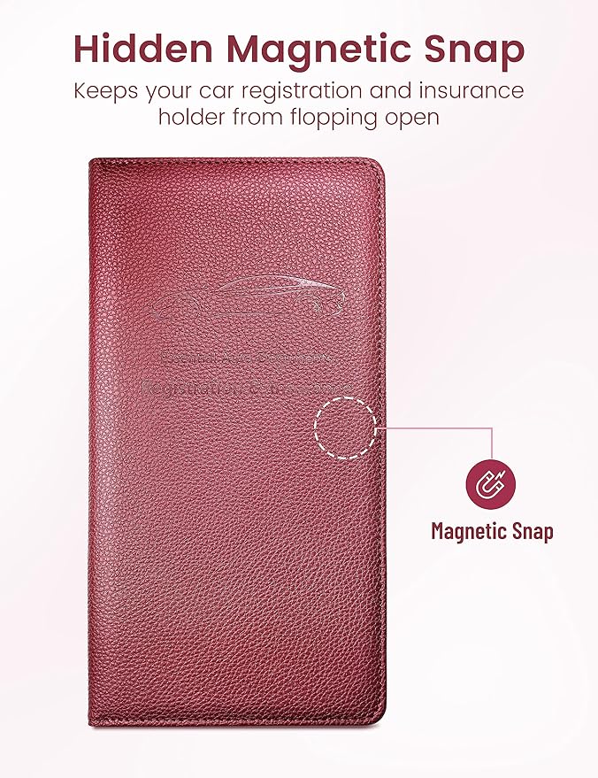Yarnic Car Registration and Insurance Holder, Pu Leather Car Document Holder Registration and Insurance Card Holder Vehicle Glove Box Car Organizer with Magnetic Closure for Women Men (Wine Red)
