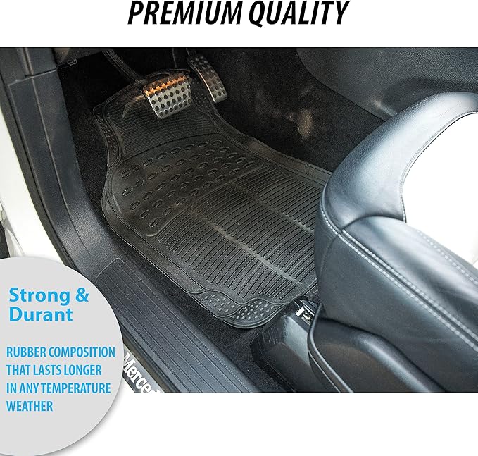 ZONETECH All Weather Rubber Car Interior Floor Mats 3-Piece Trimmable Waterproof Odorless Black Heavy Duty Universal Fit