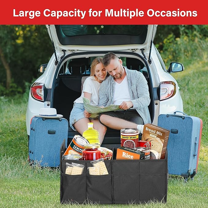 Simple Deluxe Trunk Organizer for Car, Foldable 2 Compartment 50L Car Storage, Waterproof Anti-Slip & Leak-Proof for Travel, Black