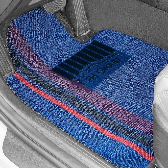 FH Group Car Floor Mats - All Weather Full Set of Blue with Stripes Rubber Floor Mats for Cars, Ultra DIY Waterproof, Trimmable Automotive Floor Mats for Sedan, Van, SUV and Trucks